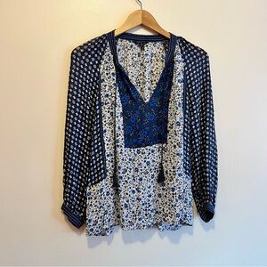 Lucky Brand Blue and White Floral Peasant Blouse Tassel Tie Long Sleeve sz M